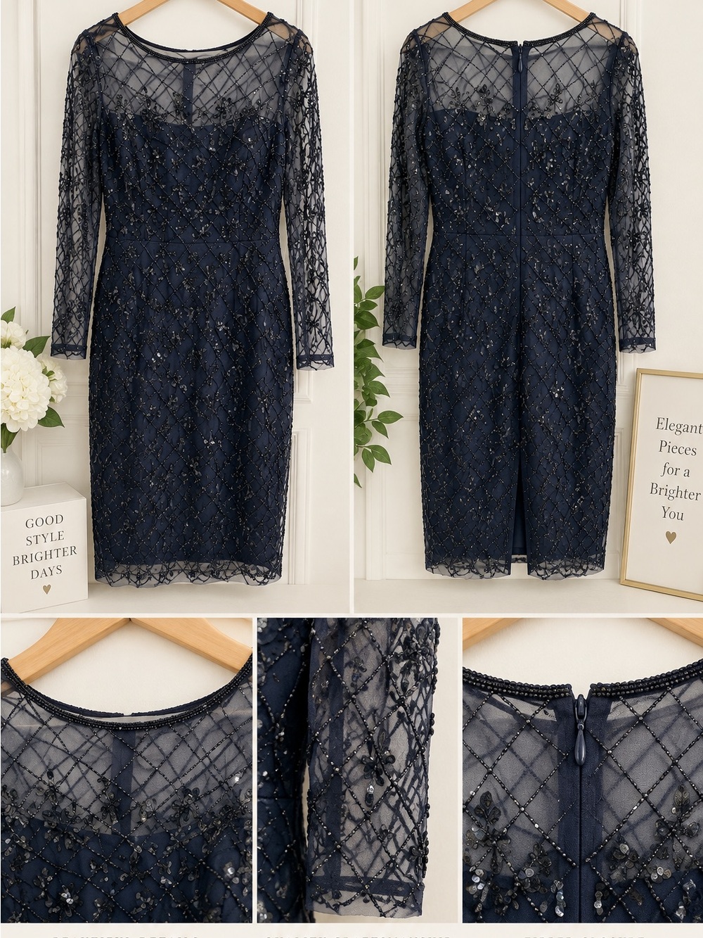 Adrianna Papell Navy Beaded Long Sleeve Sheath Dress